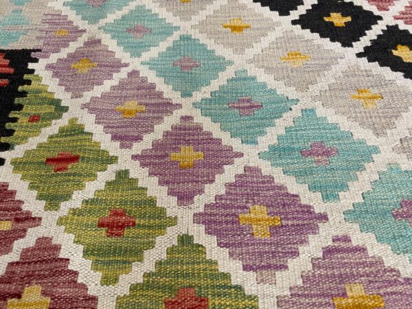 Kelim Teppich Boho 203x150 Handgewebt Schurwolle – Bild 5