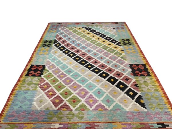 Kelim Teppich Boho 203x150 Handgewebt Schurwolle – Bild 2