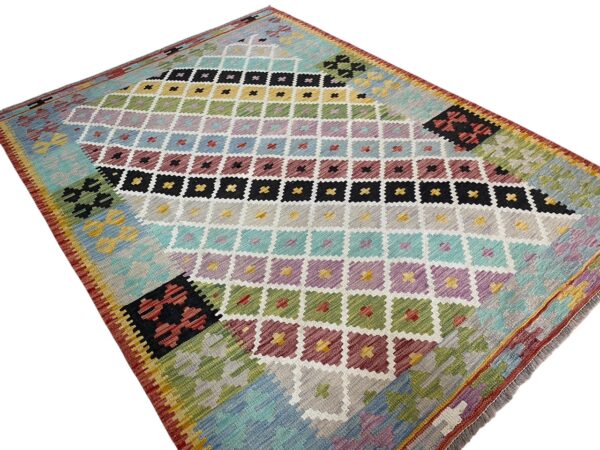 Kelim Teppich Boho 203x150 Handgewebt Schurwolle – Bild 4