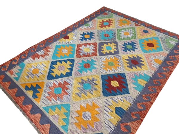 Kelim Teppich Boho 203x149 Handgewebt Schurwolle – Bild 3